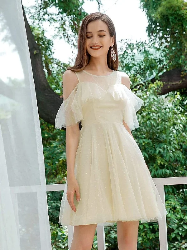 Gorgeous Cold Shoulder Round Neck Tulle Short Prom Dresses