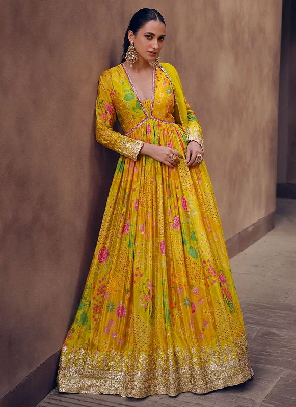 Yellow Multi Digital Printed Sequence Embroidered Anarkali Gown