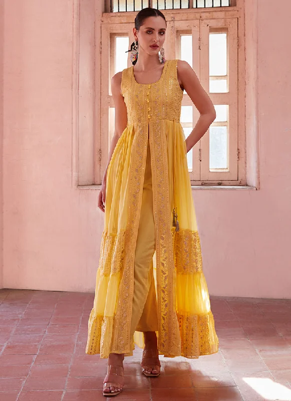 Yellow Thread And Sequence Embroidery Slit Style Anarkali Pant Suit