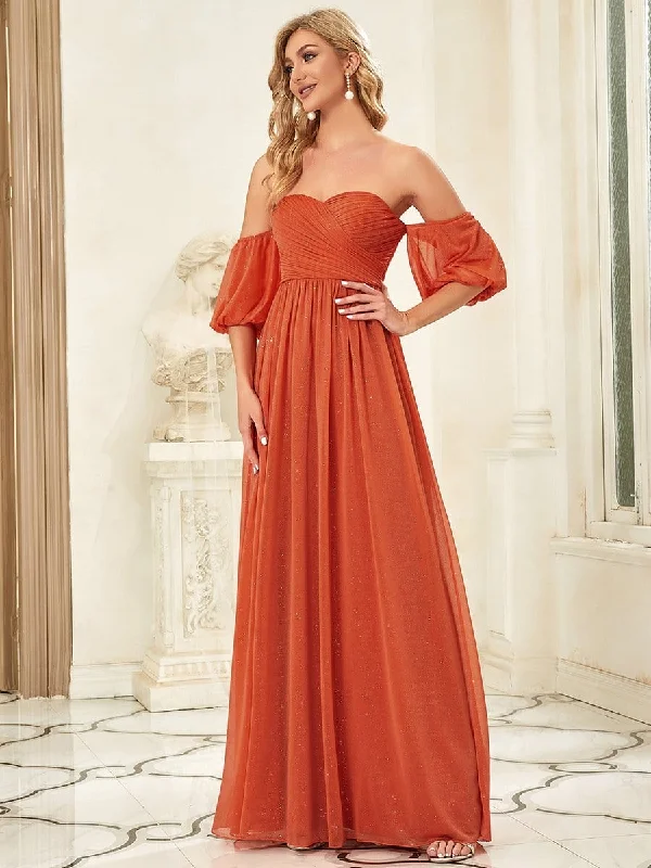 Sequin A-Line Off-Shoulder Puffed Sleeve Ruched Evening Dress