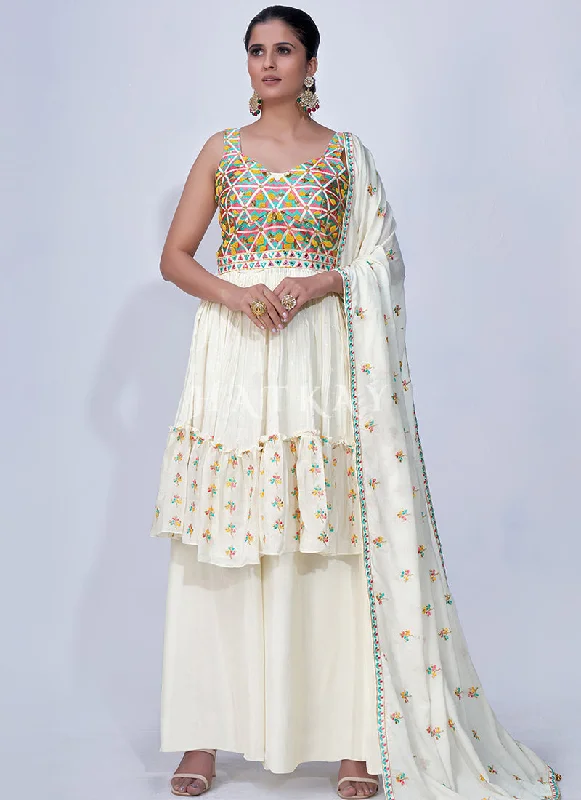 White Mirror Work Multi Embroidery Chiffon Palazzo Suit