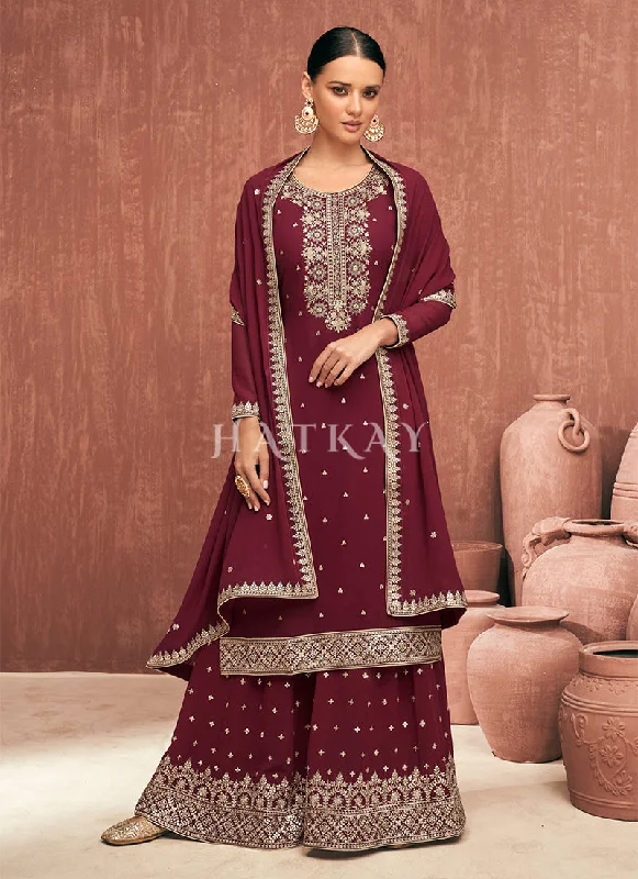 Maroon Embroidered Georgette Gharara Suit