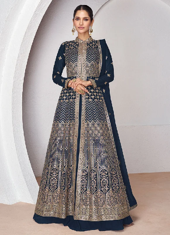 Dark Blue Golden Sequence Embroidery Slit Style Anarkali Lehenga Suit