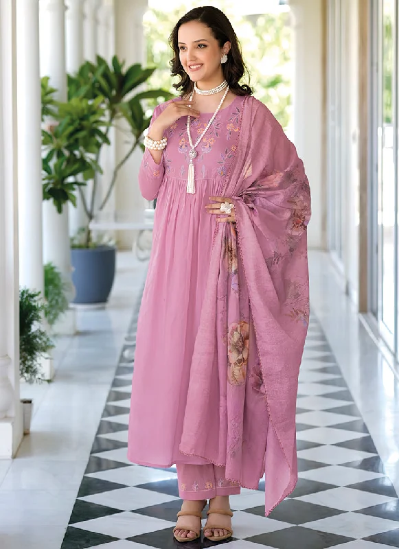 Lavender Embroidery Cotton Anarkali Pant Suit