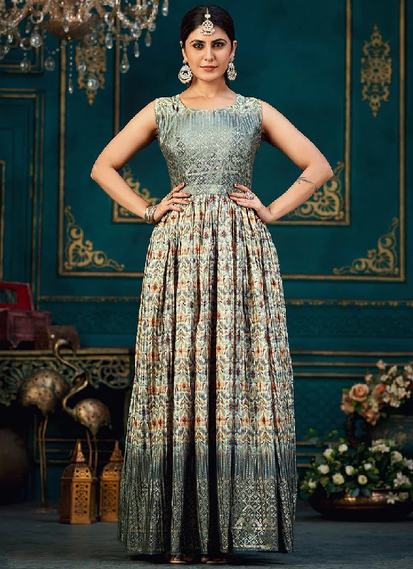 Slate Grey Printed Traditional Anarkali Gown