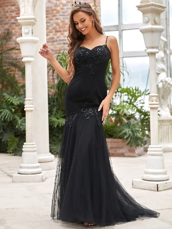 Spaghetti Strap Sequin Tulle Mermaid Black Wedding Dress