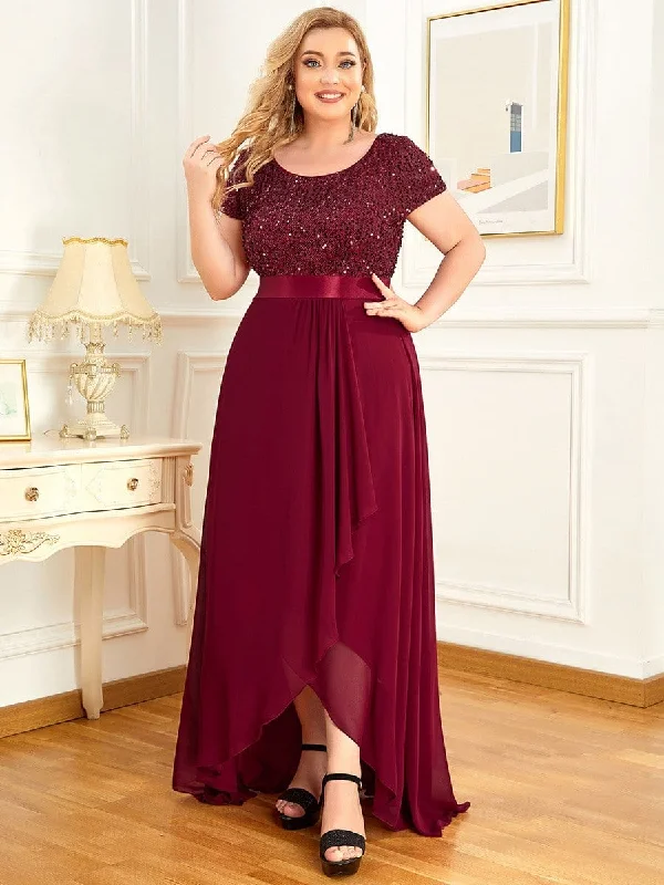 Plus Size Chiffon Sequin Capped Sleeve Empire Waist Evening Dress