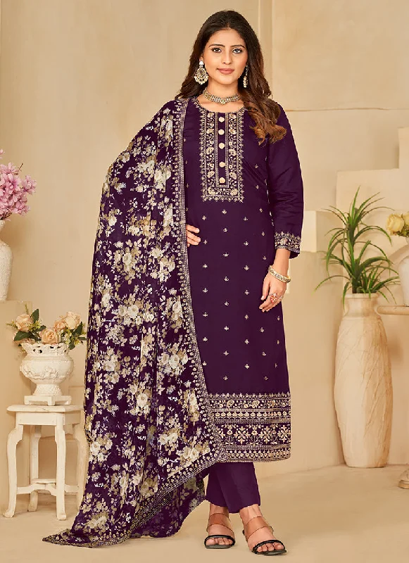 Purple Embroidery Traditional Pant Style Suit