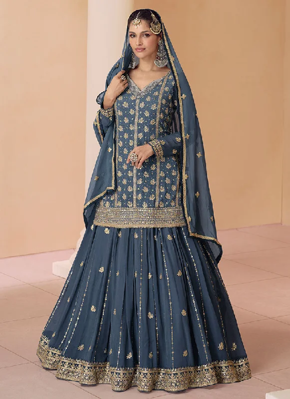 Blue Multi Embroidered Wedding Lehenga Kurti And Dupatta