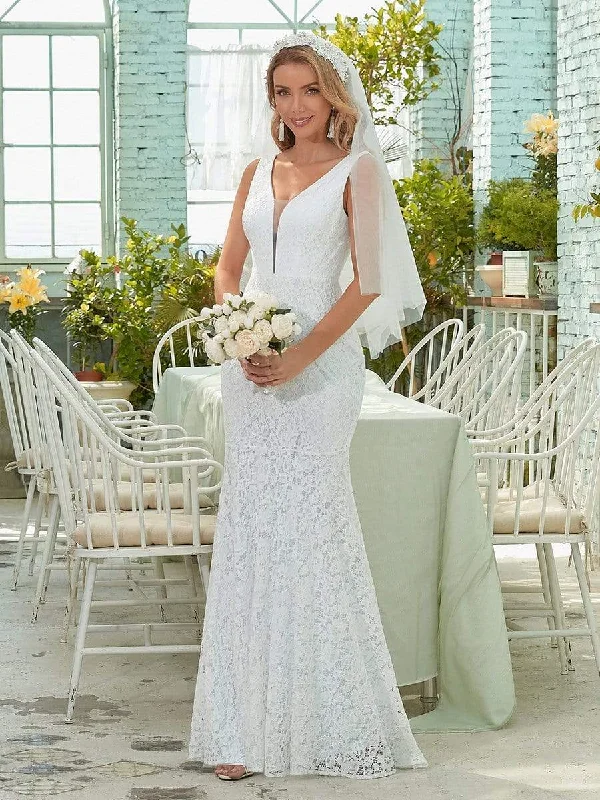 Dainty Deep V Neck Sleeveless Fishtail Lace Wedding Dress