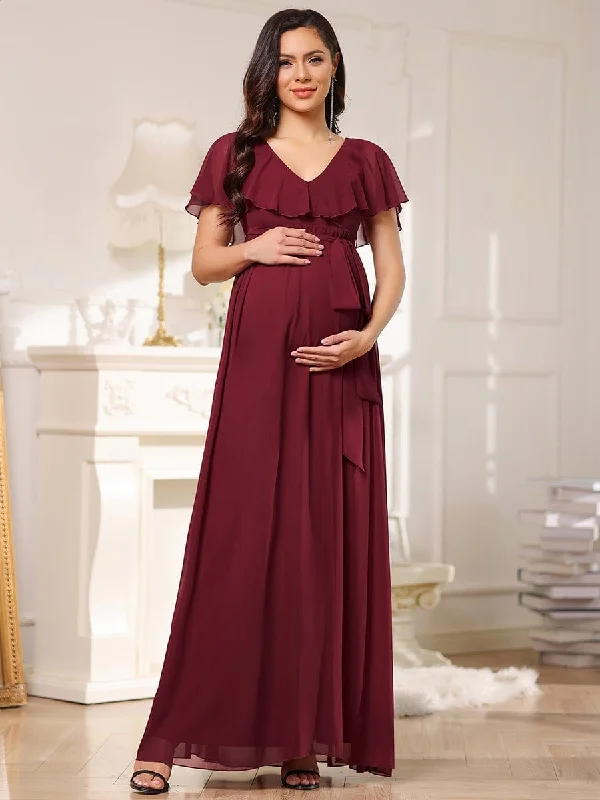 V-Neck Ruffle Tied Waist Bridesmaid Maternity Dress