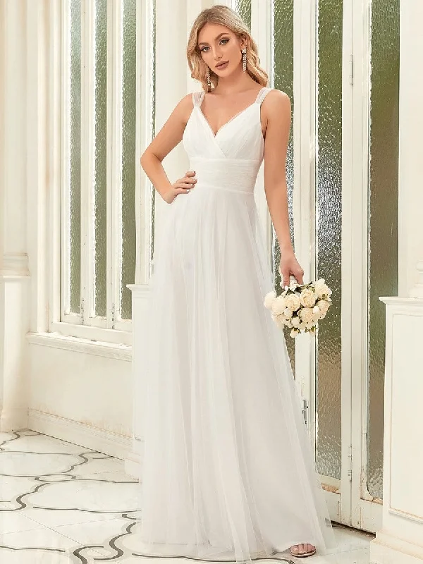 Deep V Neck Pleated Bodice Simple Tulle Wedding Dress