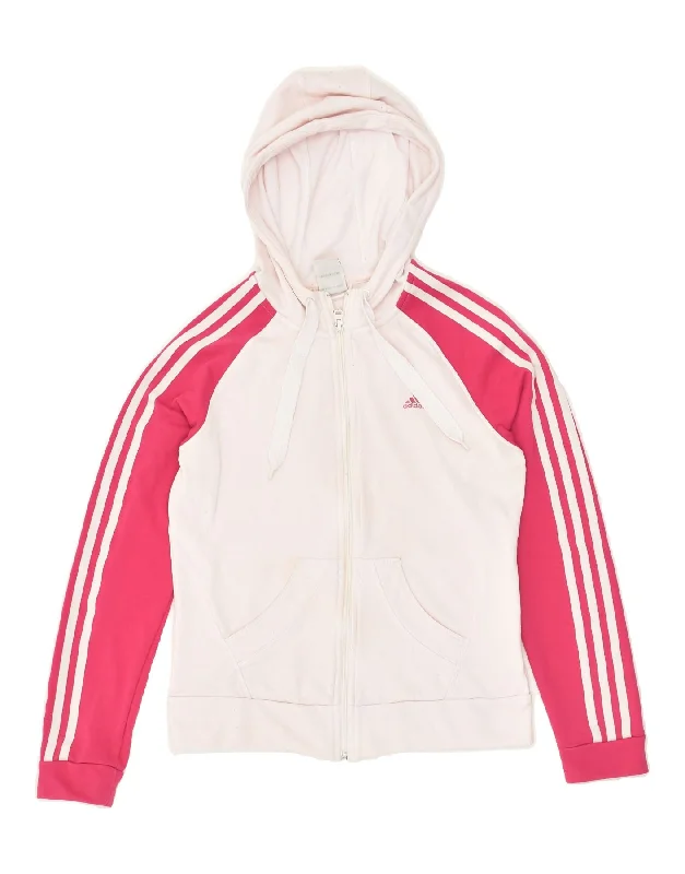 ADIDAS Womens Zip Hoodie Sweater UK 12 Medium Off White Colourblock Cotton