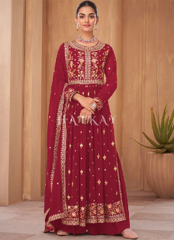 Bridal Red Georgette Embroidered Wedding Palazzo Suit