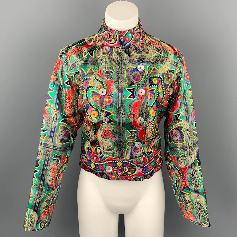 JOHN GALLIANO Size 4 Multi-Color Embroidered Abstract Silk Blend Double Breasted Jacket