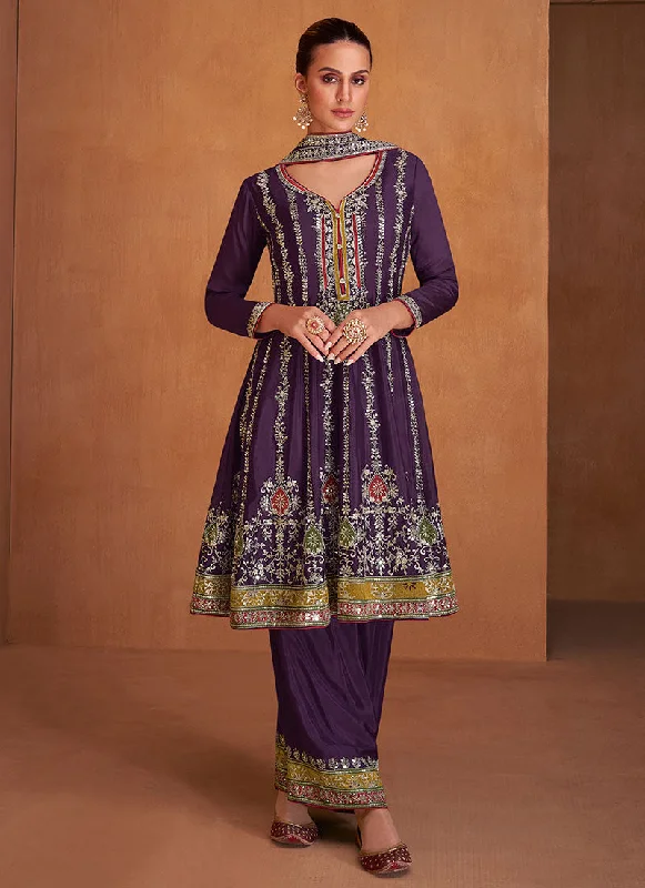 Purple Multi Embroidery Anarkali Pant Suit