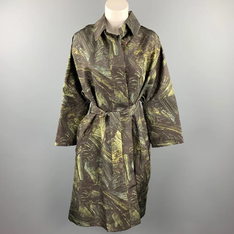 JIL SANDER Size S Olive Print Silk Belted Oversized Coat