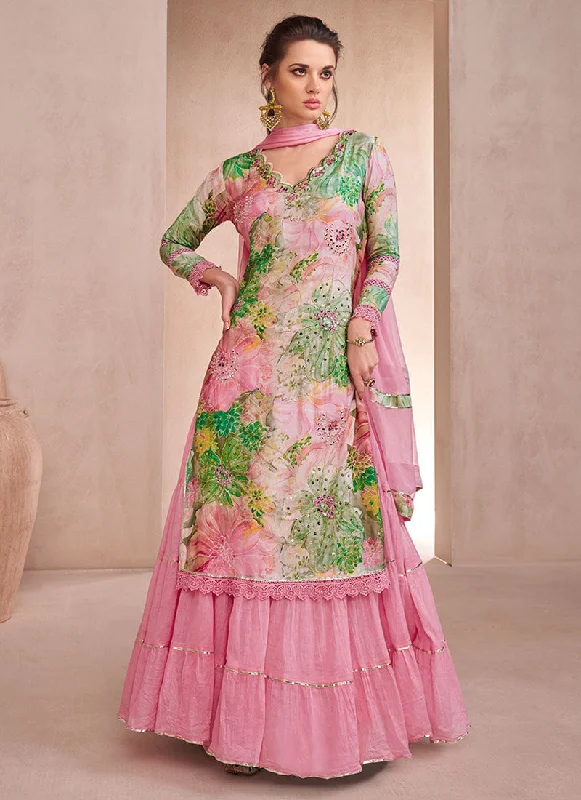 Pink Multi Embroidery Printed Lehenga Kurti