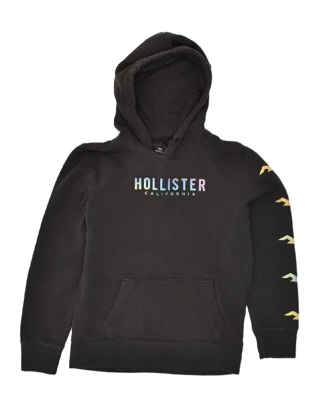 HOLLISTER Womens Graphic Hoodie Jumper UK 6 XS Black Cotton