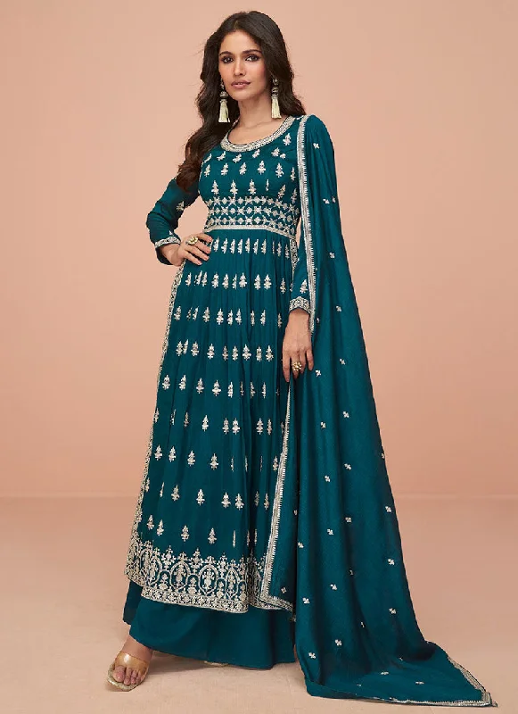 Turquoise Thread And Sequence Embroidery High Slit Palazzo Suit