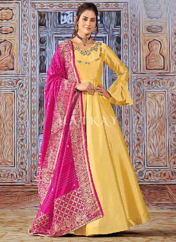 Yellow And Pink Embroidered Silk Anarkali Suit