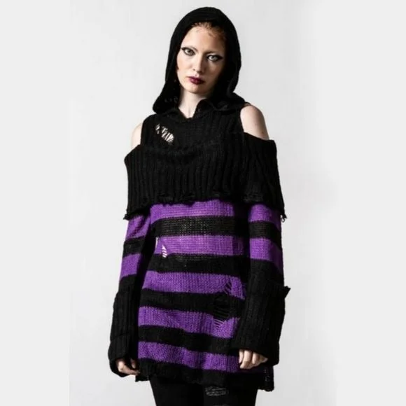 Salvia Hooded Knit Sweater | Black & Plum Stripes Distressed Extra Long