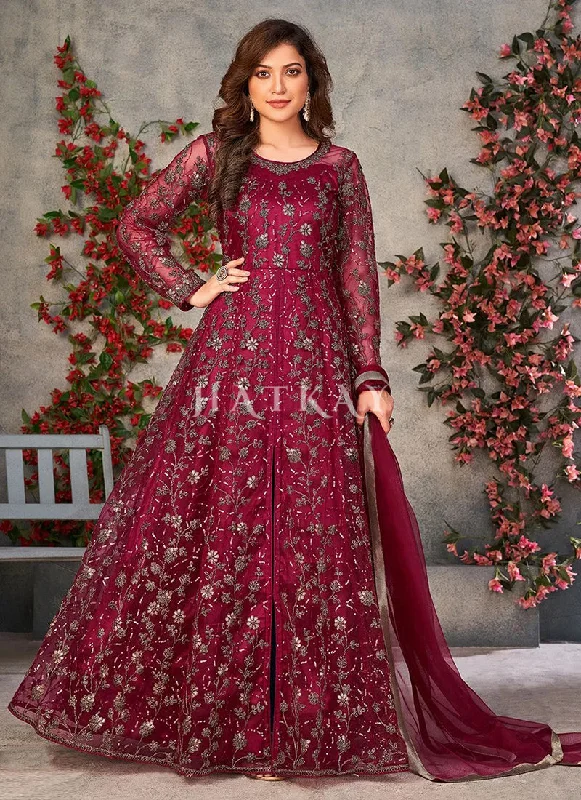 Magenta Zari Embroidered Slit Style Anarkali Pant Suit