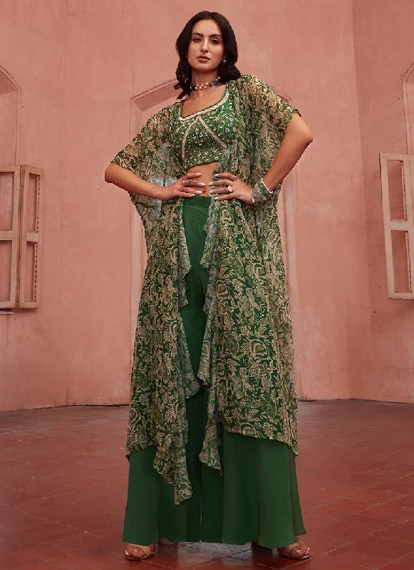 Green Multi Embroidered Cape Style Co-Ord Sharara Set