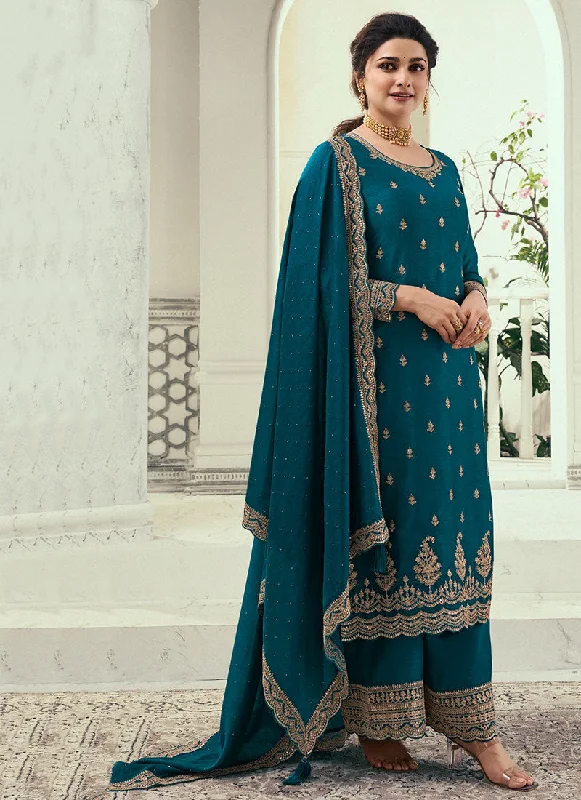 Turquoise Thread Embroidery Pant Style Suit