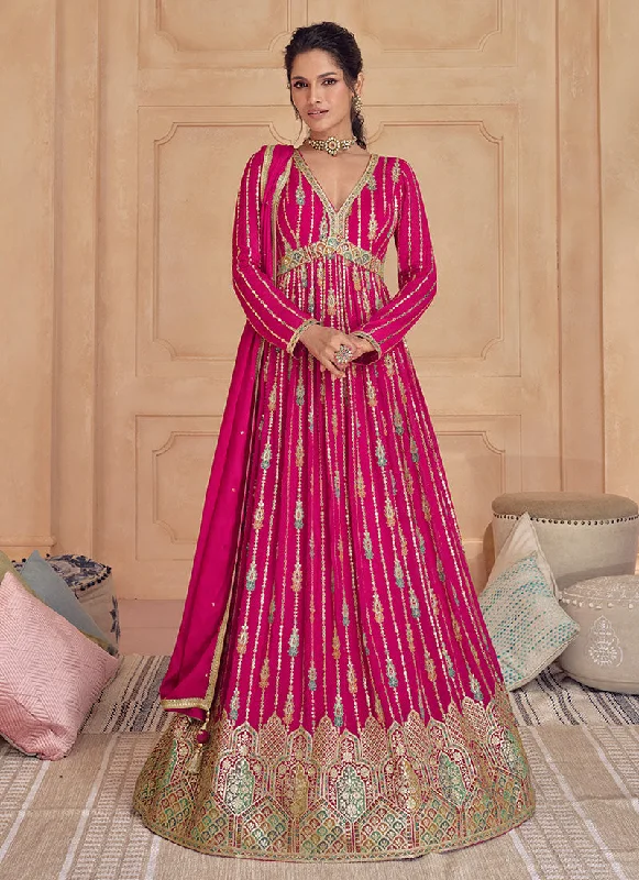 Hot Pink Multi Thread And Sequence Embroidery Anarkali Gown