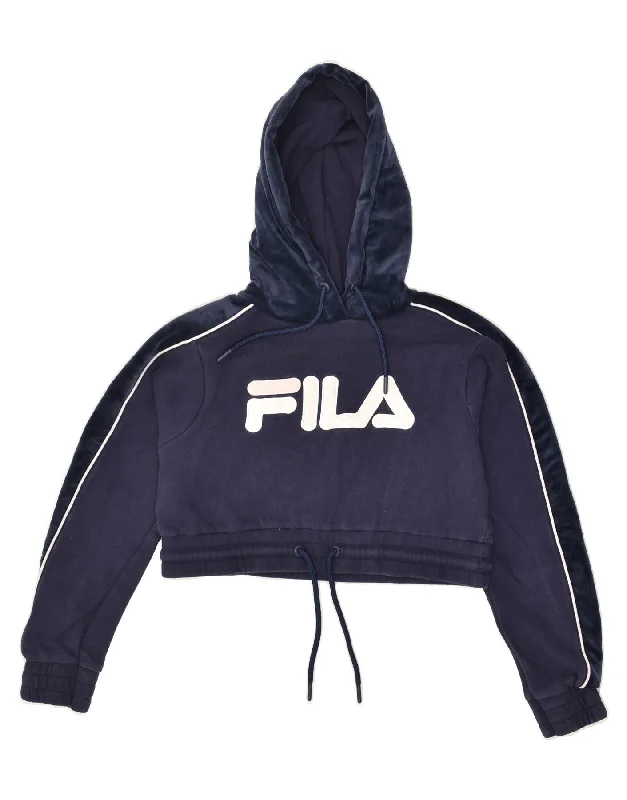 FILA Womens Oversized Graphic Hoodie Jumper UK 0 2XS Navy Blue Cotton