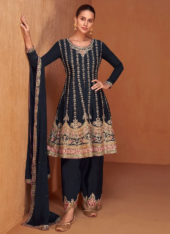 Dark Blue Multi Embroidery Anarkali Pant Suit