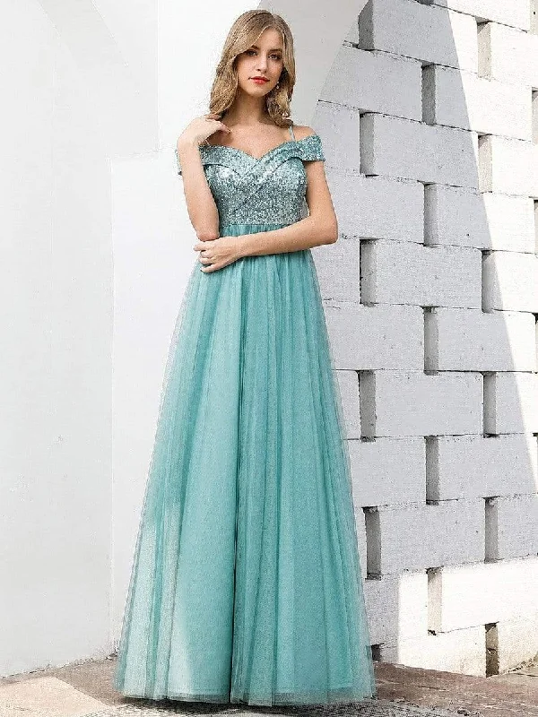 Romantic Off Shoulder Tulle and Sequin Bridesmaid Dress with Strap