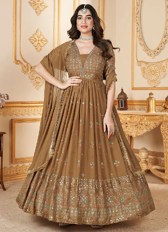 Mustard Yellow Metallic Foil Work Embellished Anarkali Gown And Dupatta