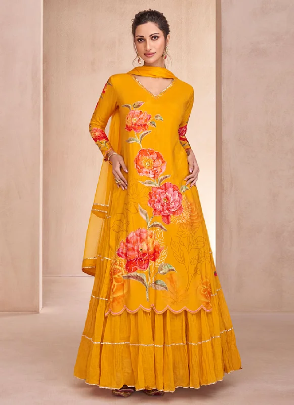 Yellow Multi Embroidery Printed Anarkali And Dupatta