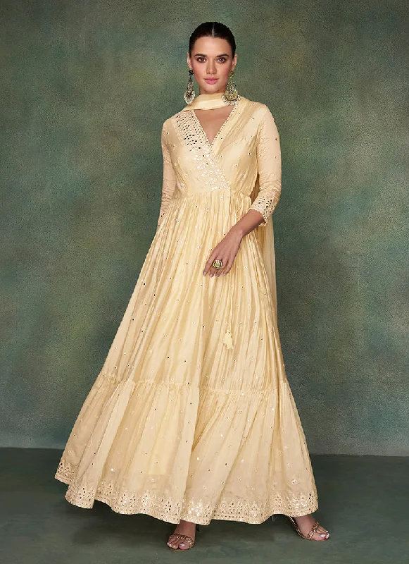 Cream Mirror Work Embroidery Anarkali Suit