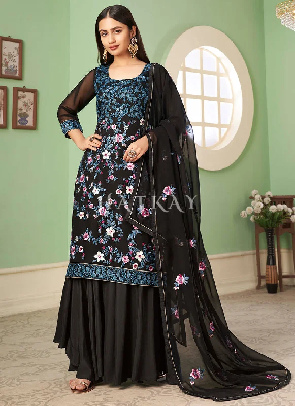 Black Multi Embroidery Georgette Palazzo Suit