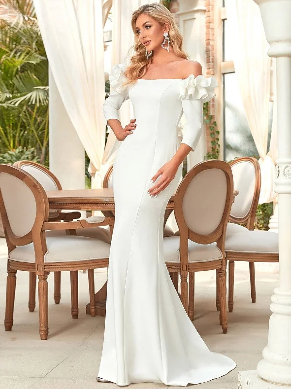 Ruffled Long Sleeve Mermaid Bodycon Wedding Dress