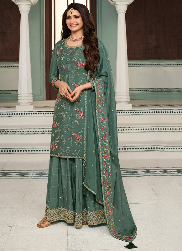 Green Traditional Multi Embroidery Sharara Suit