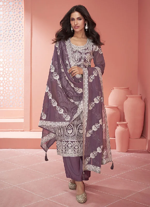 Purple Thread Embroidery Traditional Palazzo Suit