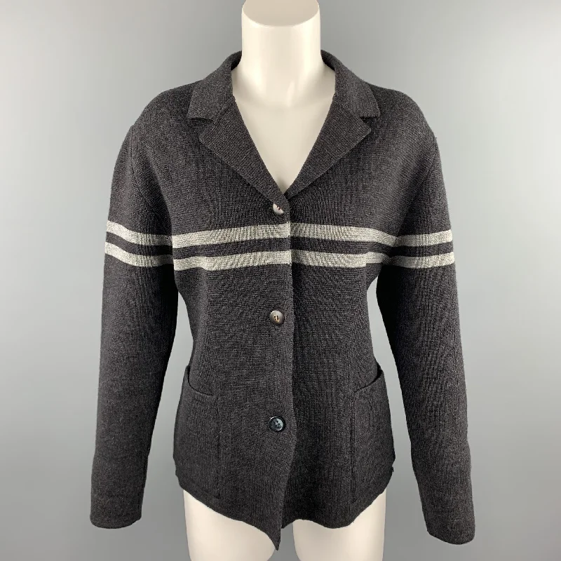 GIULIANO FUJIWARA Size L Gray Knitted Stripe Wool Buttoned Jacket