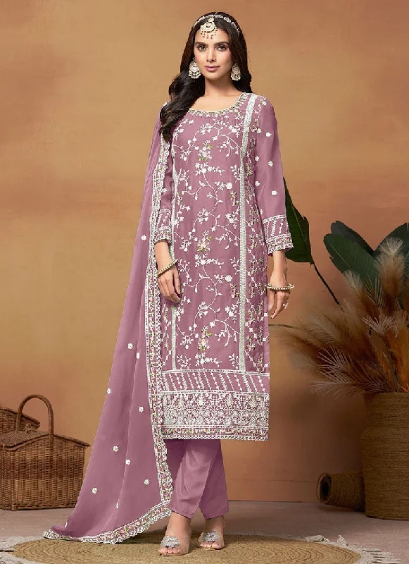 Purple Thread Embroidery Organza Salwar Suit