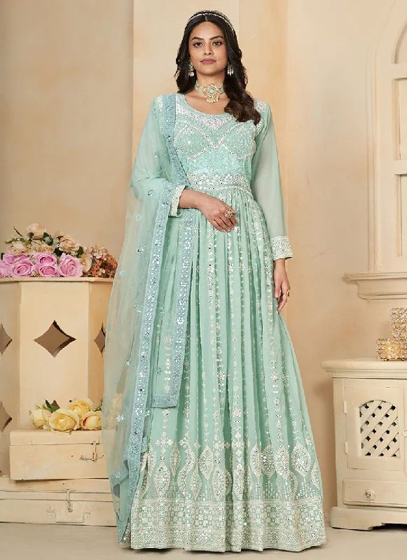 Aqua Blue Thread And Sequence Embroidery Anarkali Suit