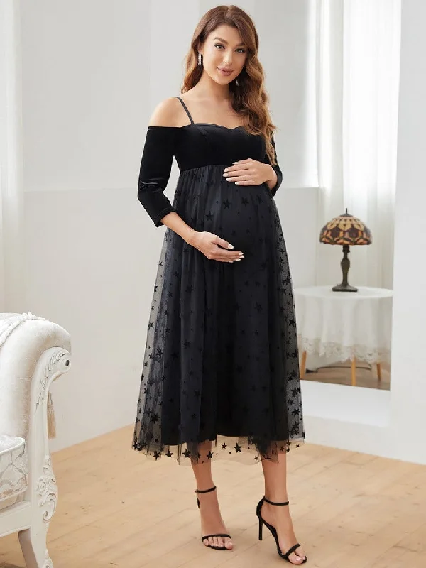 Formal Cold Shoulder 3/4 Sleeve Midi Maternity Dress