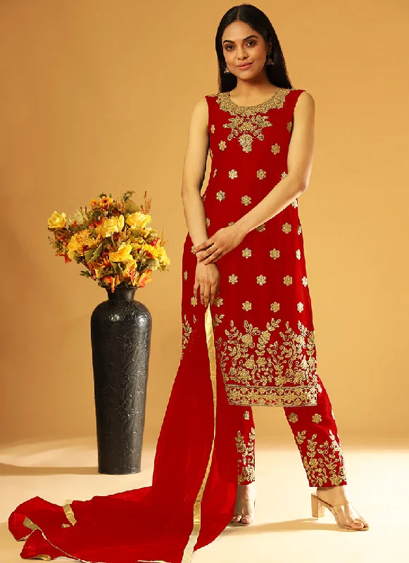 Bridal Red Embroidery Jacket Style Festive Pant Suit