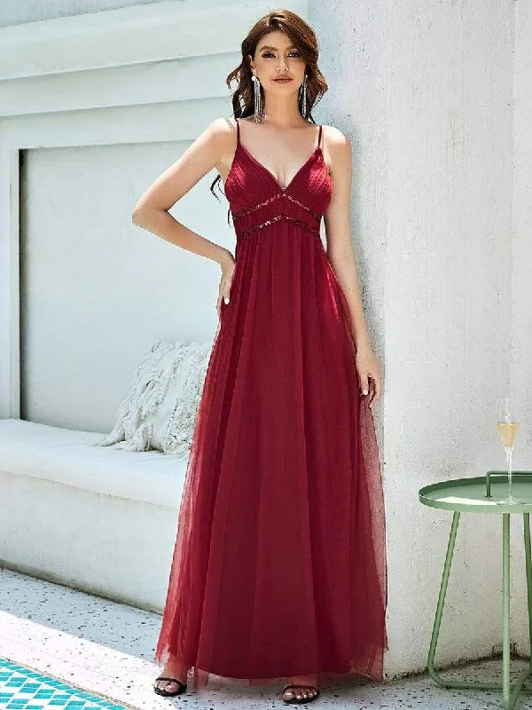 Spaghetti Strap V-Neck Sequin Floor-Length Bridesmaid Dress