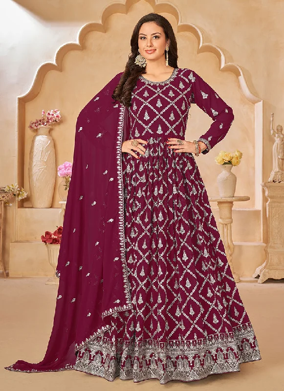 Deep Wine Embroidered Traditional Georgette Anarkali Suit