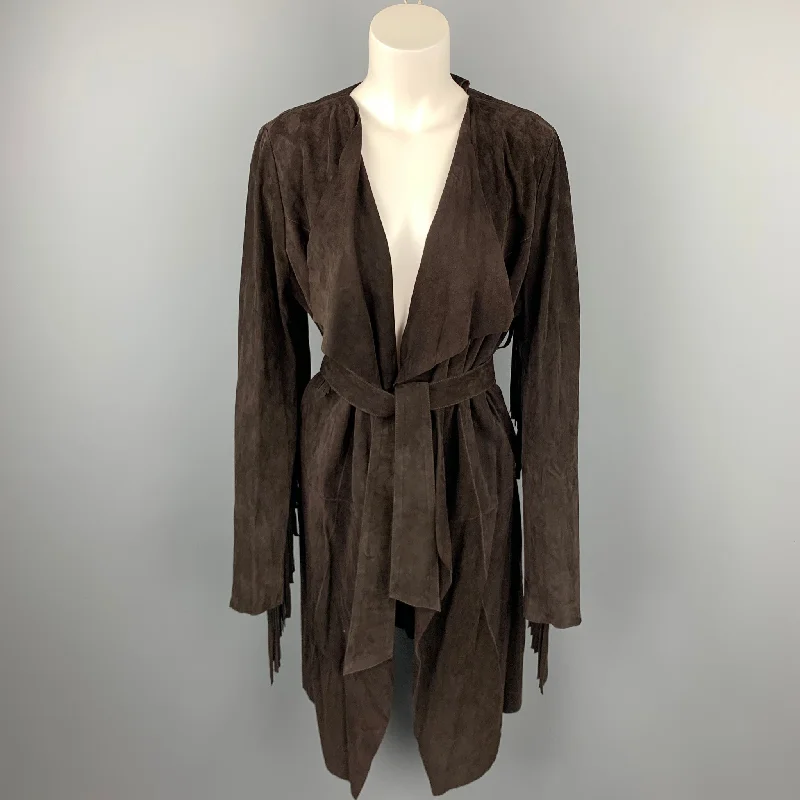 VINTAGE Size M Brown Suede Fringe Belted Open Front Coat