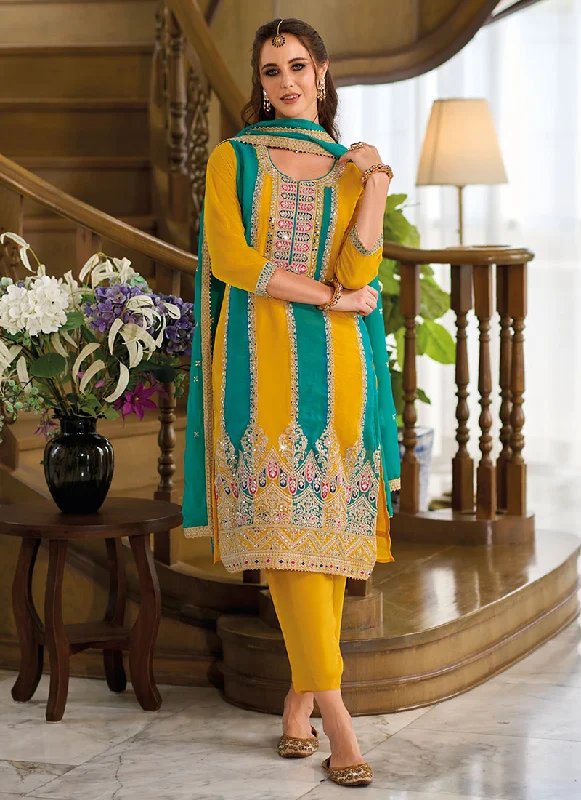 Yellow And Turquoise Thread Embroidery Pant Style Suit