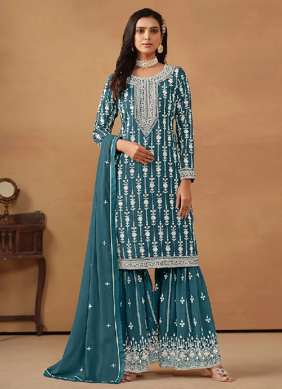 Turquoise Embroidery Designer Gharara Suit